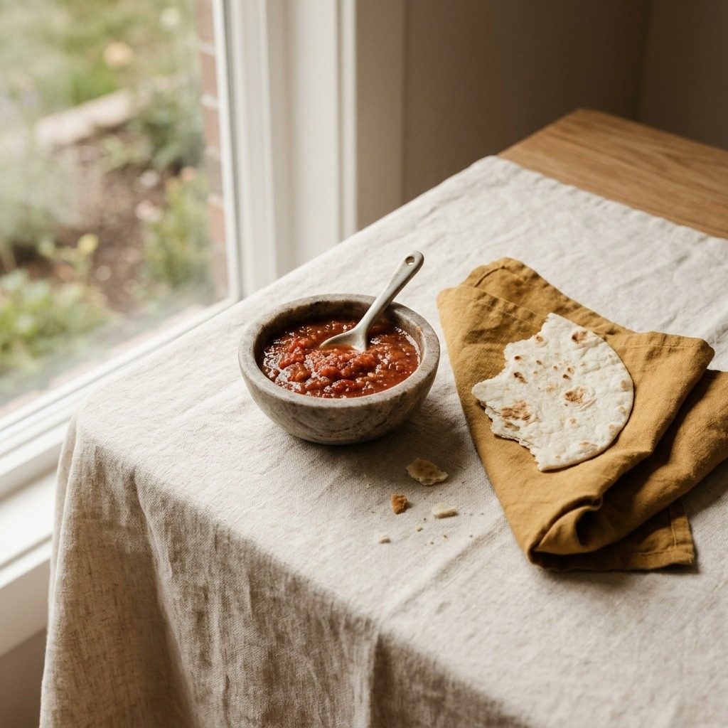 Bowl of red salsa on a cream tablecloth beside a torn flour tortilla