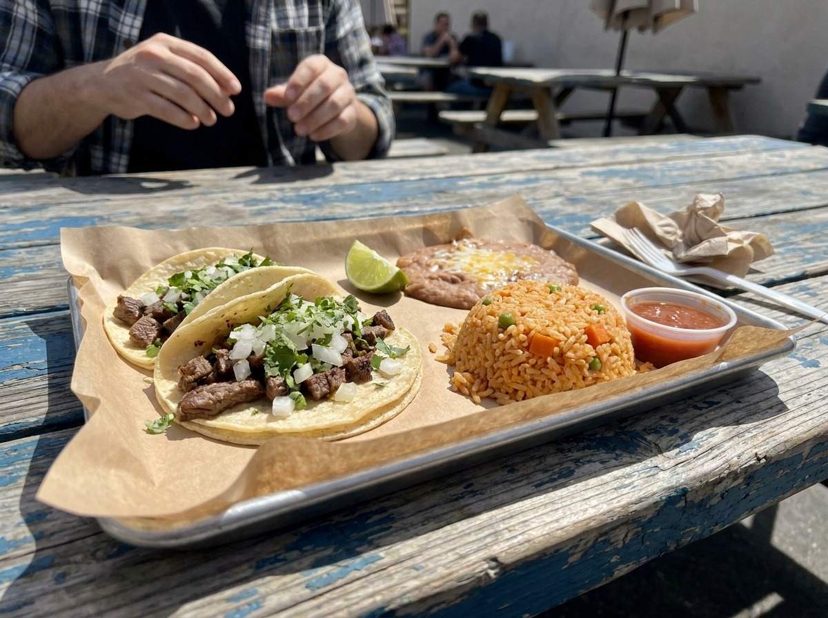 Lunch plate with tacos, rice and beans on a paper-lined tray